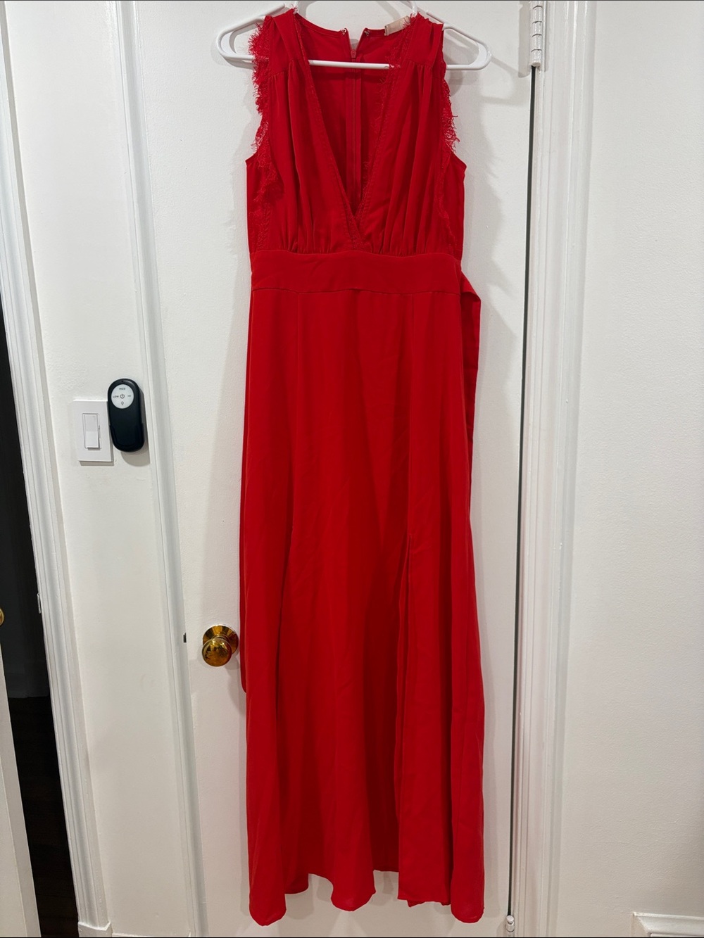 Altar'd State Red Sleeveless V-Neck Lace-Trim Maxi Dress